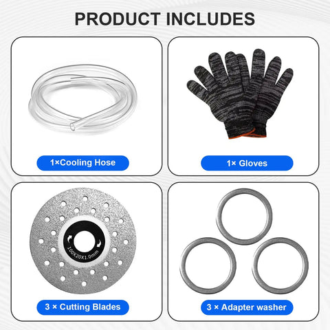 Product includes cooling hose, gloves, cutting blades, adapter washers.