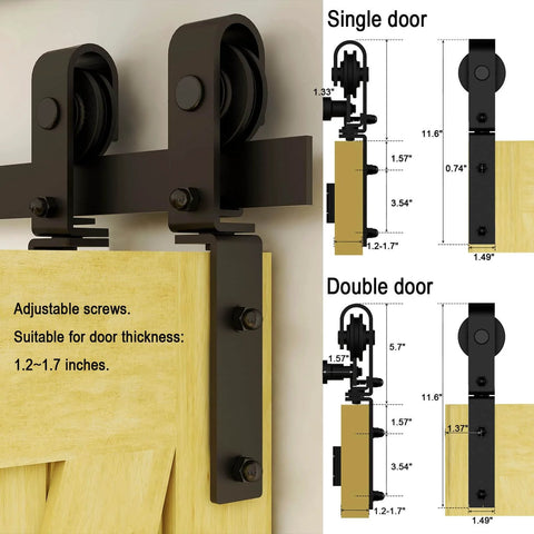 Heavy Duty Bi Folding Sliding Barn Door Hardware Kit With 6.6 Foot Track System showing black metal roller and measurements