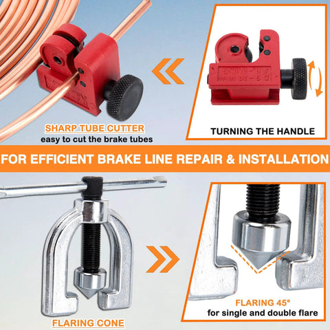 3/16 in brake line repair kit with flaring tool, tube cutter, adapters, 25 ft copper-coated brake line with fittings, and brake line bender