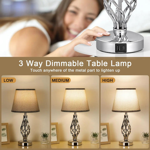 Two Pack Touch Table Lamps For Bedside With USB C Charging Ports, 3 Way Dimmable Table Lamps, Space Saving Spiral Cage Base
