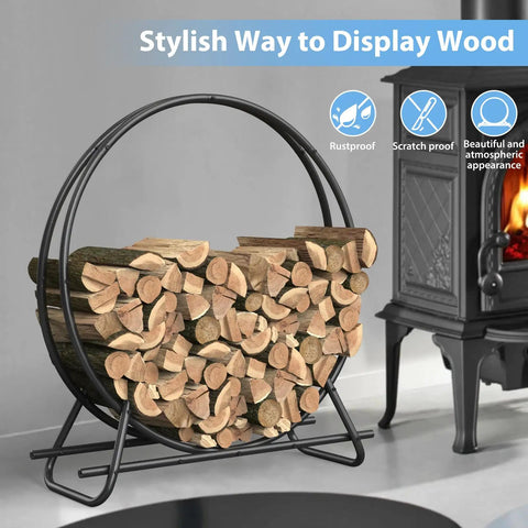 Heavy Duty Circular Firewood Rack 4 Foot Diameter Made From Black Steel Pipes for indoor and outdoor use showing logs