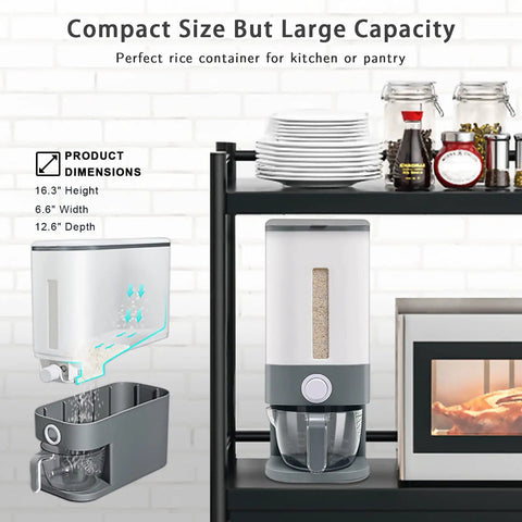22 To 25 Lb Rice Dispenser Large Cereal And Dry Food Storage Containers With Measuring Cup BPA Free Kitchen Pantry Organization And Airtight Seal For Freshness No Mess Easy Pour Spill Proof Stackable Gray dispenser on shelf with dimensions shown