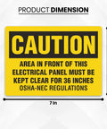 Thirty Six Inch Caution Stickers Pack Of Ten Seven By Five Inch Electrical Panel Clearance Signs on vinyl with safety instructions and dimensions.