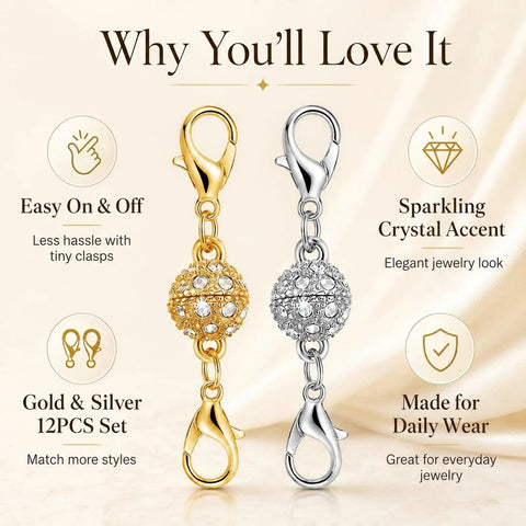 12 Pack Magnetic Necklace Clasp Extenders in Gold and Silver Easy Lobster Closure, highlighting easy on-and-off feature.
