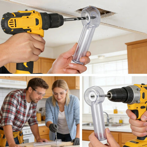 Heavy Duty Drywall Dust Collector Attachment For Drill Bits Straight Up Debris Capture in use with drill and clear dome.
