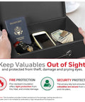 Open Compact Home Safe Box With Fire Resistant Insulation And Dual Key Lock Heavy Duty Steel Stash Safe For Jewelry Cash And Personal Documents 0.17 Cubic Feet Black showing passport, keys, and cash inside.