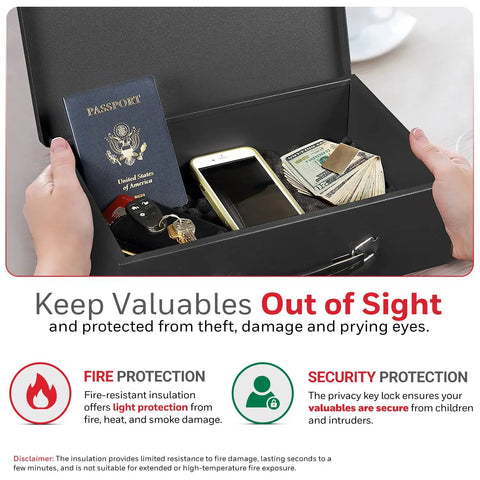 Open Compact Home Safe Box With Fire Resistant Insulation And Dual Key Lock Heavy Duty Steel Stash Safe For Jewelry Cash And Personal Documents 0.17 Cubic Feet Black showing passport, keys, and cash inside.