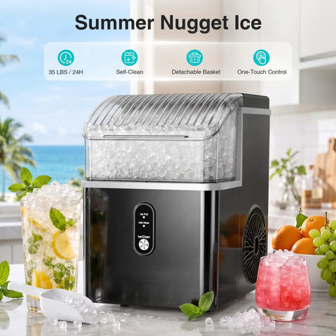 Countertop Nugget Ice Maker Cranks Out 35 Pounds Of Snap Bubble Ice Daily compact design with ice, perfect for cocktails and gatherings.