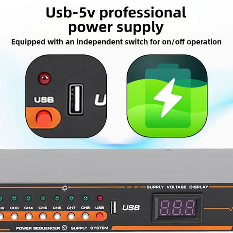 Rock Solid 10 Outlet Power Sequencer With Digital Display And Surge Guard For Home Studio Gear US Plug, features USB port and voltage display.