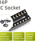 10Pcs 16P DIP IC Socket Solder Type 2.54mm Pitch Dual Row Flat Pin Adapters For DIP ICs High Temperature Rating From 40C To 105C