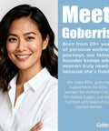 Woman smiling with text about female founder's experience in wellness and natural gummy supplements, Goberris branding visible.