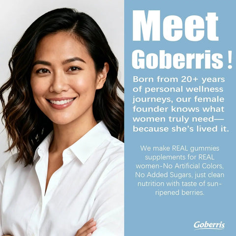 Woman smiling with text about female founder's experience in wellness and natural gummy supplements, Goberris branding visible.