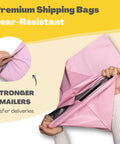 Hands pulling pink 30 Pack Poly Mailers For Clothes With Label Pouch 8x12 10x14 12x16 Self Seal Packing Bags showing tear resistance