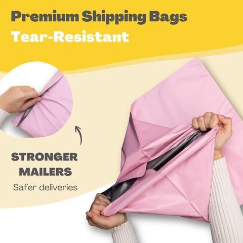 Hands pulling pink 30 Pack Poly Mailers For Clothes With Label Pouch 8x12 10x14 12x16 Self Seal Packing Bags showing tear resistance
