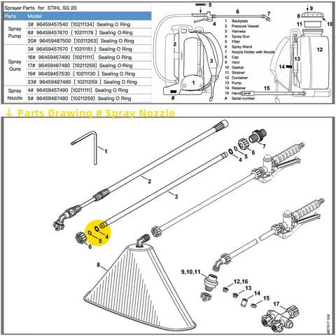 Exploded parts diagram of SG 20 spray pump nozzle showing O Ring Replacement Kit for SG 20 Spray Pump Sealing and Repair.