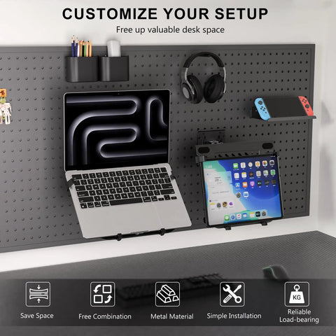 Ultra Top Notch Articulating Pegboard Mount For Laptops And Computer Screens Featuring Ventilated Trays No Sweat Wall Brackets Adjusts Smoothly frees up desk space with laptop and tablet mounts.