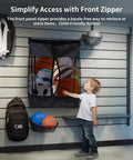 Child accessing Take Anywhere Slatwall Basket Organizer with Grab And Go Design and Detachable Hooks, large mesh bin on wall.