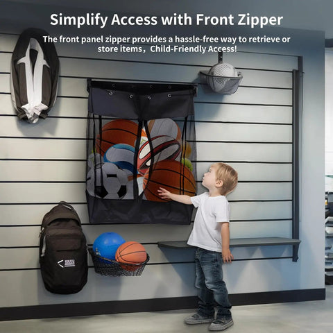 Child accessing Take Anywhere Slatwall Basket Organizer with Grab And Go Design and Detachable Hooks, large mesh bin on wall.
