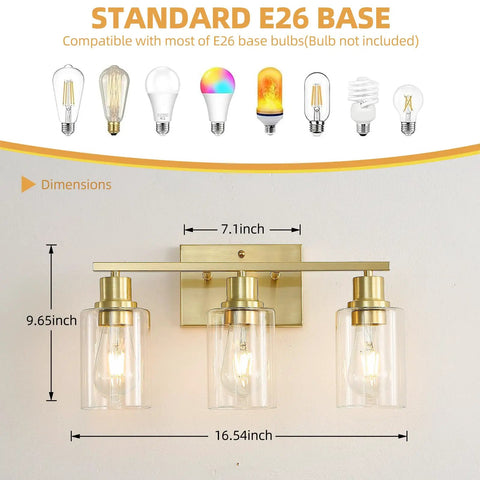 Three-Light Vanity Light With Clear Glass Shades In Brushed Brass Finish Wall Sconce, dimensions and E26 bulb compatibility.