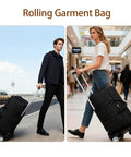 Seyfocnia rolling garment bag, black, wheeled luggage with shoe compartment; front and side views.