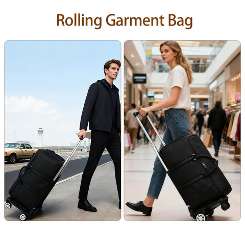 Seyfocnia rolling garment bag, black, wheeled luggage with shoe compartment; front and side views.