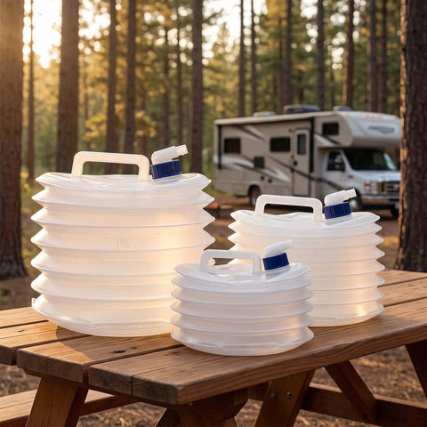 Three collapsible water containers with spigots on a picnic table near an RV in a forest setting, including a 10L portable version.