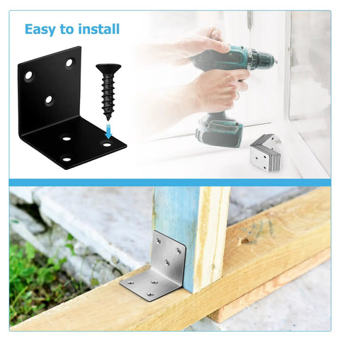 Heavy Duty Right Angle Corner Brackets With Screws For Drawer Repair And Furniture Fixes Solid Steel Corner Braces installed on wood.