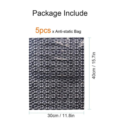 Five Pack Anti Static Bags For Electronics Gear ESD Safe Storage Open Top Design 12 By 16 Inches 30 By 40 CM PET Non Toxic Material Protects Motherboards GPUs Video Cards LCD Screens And Other Components in grid pattern, dimensions shown.