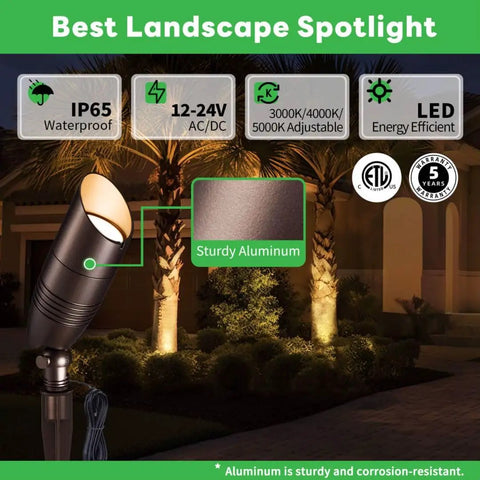 Outdoor LED Spotlight 12V ACDC Wired Adjustable Color Temperature 3000K 4000K 5000K Waterproof Landscape Uplight For Trees Gardens Walls With Rustproof Aluminum Orb Mounting 4 Pack shown in garden setting