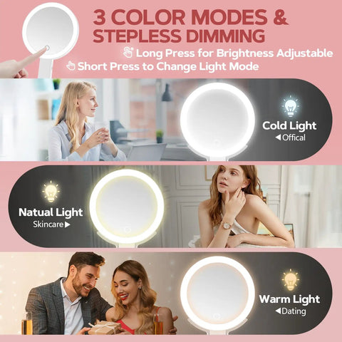 Three light modes of 30X Magnifying Makeup Mirror With Light displayed: cold, natural, warm. Ideal for travel and precision makeup.