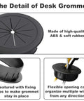 Super Sleek Two Inch Desk Grommet Cable Hole Covers, black, ABS rubber, features flexible opening for multiple wires management.