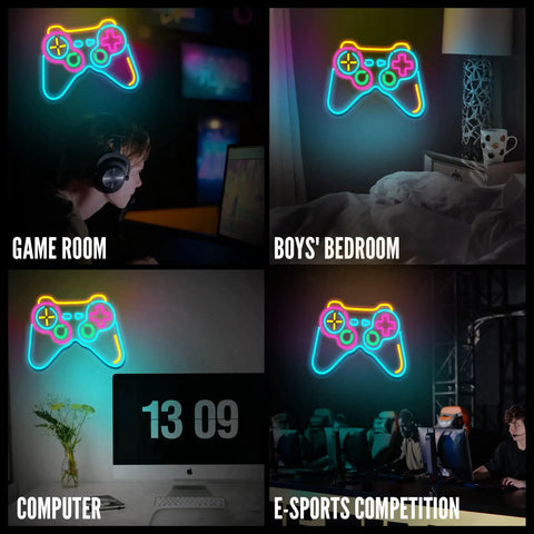 Lit Blue Gamepad Neon Sign for Gaming Room Decor USB Powered LED Neon Light with 6 Dimmable Modes in various setups