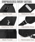 Details of the Everyday Crossbody Bag For Men And Women With Convertible Shoulder Strap including hook, patch, hole, strap, pocket.