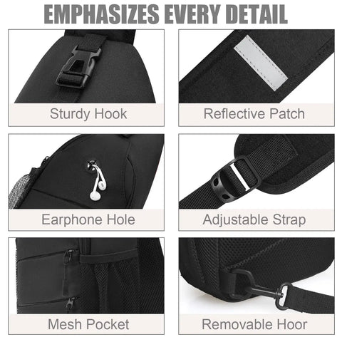 Details of the Everyday Crossbody Bag For Men And Women With Convertible Shoulder Strap including hook, patch, hole, strap, pocket.