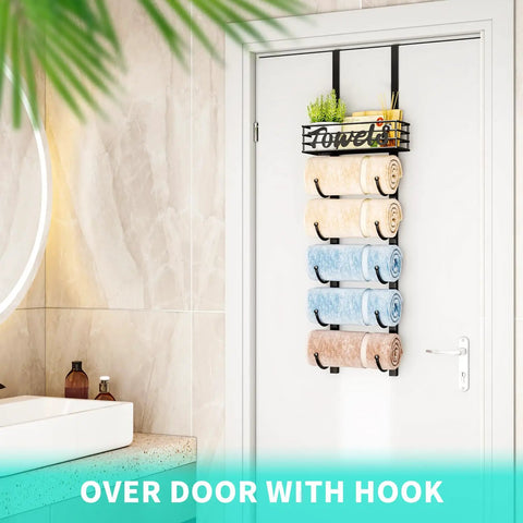 Six Tier Over The Door And Wall Mount Towel Rack With Metal Shelf Basket For Small Bathrooms Campers And RVs Black Patented Design No Fuss Space Saving Convenience on bathroom door