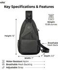 Men's Sling Bag Crossbody Backpack, Compact Yet Roomy Small Sling Pack for Everyday Carry with specs and features shown