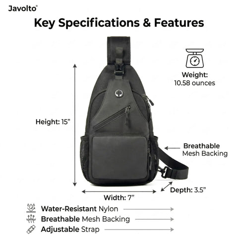 Men's Sling Bag Crossbody Backpack, Compact Yet Roomy Small Sling Pack for Everyday Carry with specs and features shown