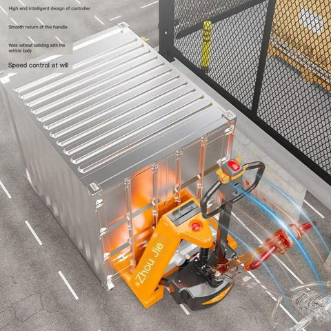 Heavy Duty Full Electric Pallet Jack Truck With 6600 Lb Capacity Features Durable Alloy Steel Frame And Silent Polyurethane Wheels Perfect For Warehouses, close-up view of controls and container.