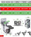 Slick Glide 1.25 Inch Swivel Caster Wheels Set Of 4 With 2 Brakes dimensions chart, 1.25" wheel size, load capacity 140 lbs for furniture and crafts.