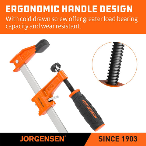 Jorgensen steel bar clamps set, 4-pack with orange jaws; includes 6in and 12in F-clamps