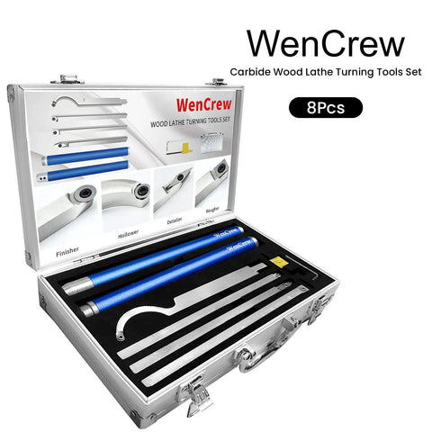 Carbide Tipped Wood Turning Tool Set With Extendable Shafts in a metal case, showing lathe tools for rougher, finisher, and hollowing.