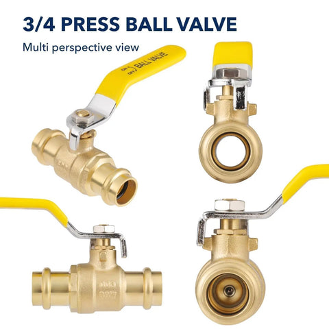 Three Quarter Inch Press Ball Valve With EPDM O-Rings One Quarter Turn Full Port Shut Off For Copper Tubing Connections LF Brass