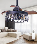 36 Inch Matte Black Crystal Ceiling Fan With Light And Remote in a living room, featuring 3 retractable blades and modern fandelier design.