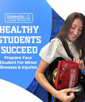 Woman holding Campus Ready First Aid Kit For Dorms, School And Sports, Compact Grab And Go Medical Set with Bandages, OTC Meds, Gauze.
