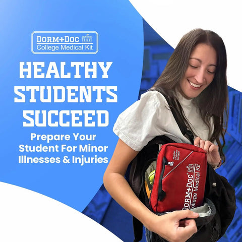 Woman holding Campus Ready First Aid Kit For Dorms, School And Sports, Compact Grab And Go Medical Set with Bandages, OTC Meds, Gauze.