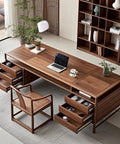 Top Shelf Solid Wood Office Desk Featuring Expert Mortise Tenon Joinery Delivers Serious Flex For Your Home Workspace Or Apartment Studio While Keeping Your Gear Neat And Tidy with brown finishes, drawers, and laptop