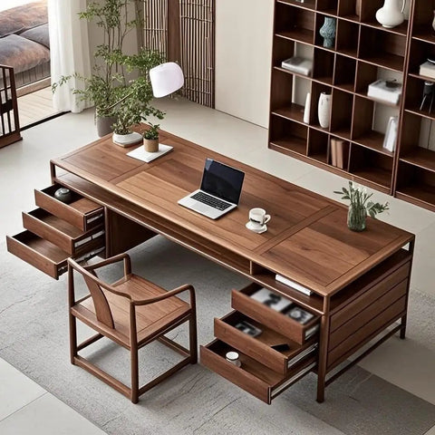 Top Shelf Solid Wood Office Desk Featuring Expert Mortise Tenon Joinery Delivers Serious Flex For Your Home Workspace Or Apartment Studio While Keeping Your Gear Neat And Tidy with brown finishes, drawers, and laptop