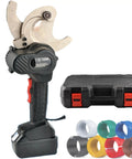 Electric Ratcheting Cable Cutter With Cleaning Brush Battery Powered Hydraulic Wire Cutter For Copper And Aluminum Cables Portable Heavy Duty Cable Cutting Tool EC 75M with carrying case and cable samples.
