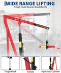 Heavy Duty Hydraulic Engine Hoist With Lever 1.5 Ton Capacity 3000 Lbs Shop Crane Telescopic Boom 4 Swivel Casters Cherry Picker Lift For Home Garage Auto Repair And Warehouse Use Red displaying lifting mechanism and safety hook