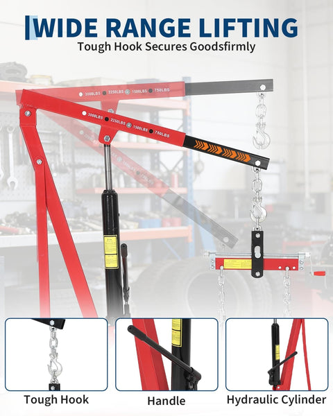 Heavy Duty Hydraulic Engine Hoist With Lever 1.5 Ton Capacity 3000 Lbs Shop Crane Telescopic Boom 4 Swivel Casters Cherry Picker Lift For Home Garage Auto Repair And Warehouse Use Red displaying lifting mechanism and safety hook